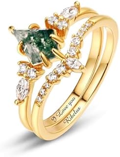 Natural Moss Agate Engagement Ring for Women, 10K 14K 18K Kite-Shaped Vintage Wedding Rings Set Moissanite Bridal Ring Sets Size 4-12