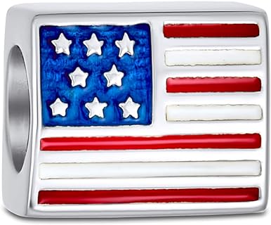Red White Blue Stripe Holiday American USA Patriotic Flag Words Military Wife Ribbon Star Heart Shape Charm Bead For Women Teens .925 Sterling Silver Fits European Bracelet