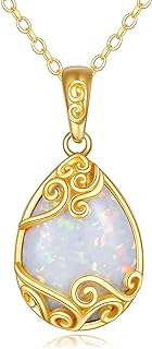 14K Solid Gold White Opal Necklace for Women Teardrop Shape Filigree Opal Pendant Necklace Teardrop Necklace Opal Jewelry Gifts 16"-18"