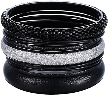 Enclosed Clasp 80's Inspired Box Chain Black Enamel & Silver Glitter Women's Bangles - 12 Set Bold Bracelet Design