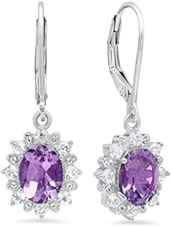 925 Sterling Silver Halo Sunburst Gemstone Oval Dangle Earrings for Women 8x6mm Birthstone with Leverback White Topaz Accent Stones by MAX + STONE