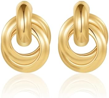 Apsvo Gold Knot Geometric Dangle Earrings with Push Back for Women, Elegant Brass Hoop Design