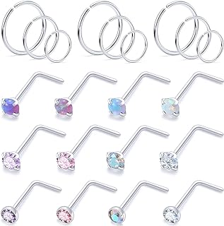 Vsnnsns 18G 20G 22G Nose Rings for Women Surgical Steel Nose Rings Hoops Bone L Shaped Nose Studs Screw 6mm 8mm 10mm Nose Hoop Rings Opal Nose Rings 1.5mm 2mm 2.5mm 3mm Diamond CZ Nose Rings 21Pcs