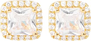 Latch Back Cubic Zirconia Stud Earrings in Brass for Women & Girls, Square Rhinestone Design - Hypoallergenic and Nickel & Lead Free