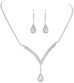Yokawe Bride Necklace Earrings Set Silver Rhinestones Bridal Wedding Jewelry Sets Teardrop Pendant Crystal Choker Necklaces for Women and Girls