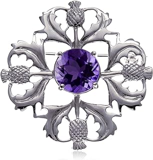 Alexander Castle 925 Sterling Silver Scottish Thistle Brooch Pin with Real Amethyst Stone & Jewelry Gift Box - Scottish Gift for Women