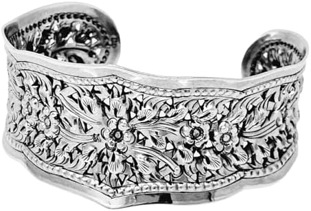 Exquisite Handmade Sterling Silver Wide Cuff Bracelet with Box Chain for Women and Girls; Intricate Floral Design