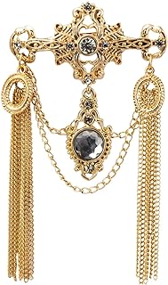 Knighthood Gold Engraved Alloy Brooch Pin with Shimmery Stone and Chain for Men and Women - Sophisticated Lapel Pin with Secure Pin Clasp