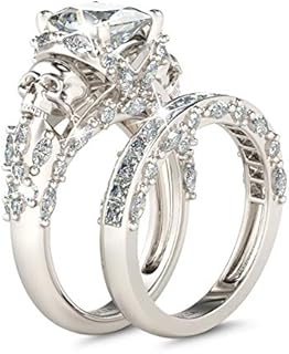 Jeulia Skull Engagement Ring Sets Sterling Silver Promise Eternity Band Rings Diamond Princess Cut with Cubic Zirconia Wedding Engagement Anniversary Promise Rings Bridal Sets