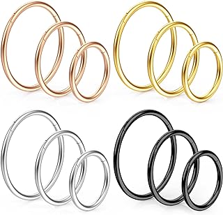 Funtopia 12Pcs Hoop Nose Rings,18g 20g 316L Surgical Steel Hinged Nose Rings for Women Men, Nose Ring Hoop Septum Rings Cartilage Lip Rings Body Piercing Jewelry, Silver, Gold, Black, Rose Gold