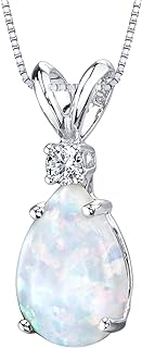 Spring Ring Clasp 14K White Gold Diamond Accent Pendant with Box Chain featuring Created White Opal Teardrop for Women, USA Made Elegant Pear Shape Design
