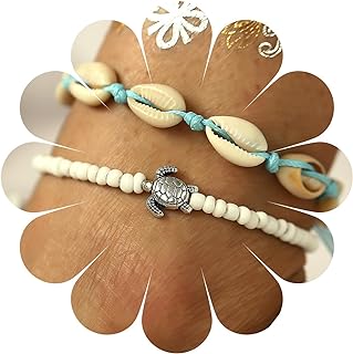 Boho Chic Layered Cowrie Shell Ankle Bracelet with Vintage White Seed Bead Chain for Women & Girls - Sea Turtle Design