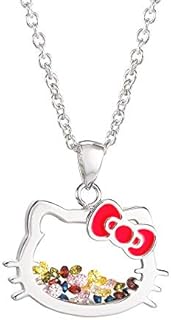 Hello Kitty Crystal Pendant Necklace with Lobster Claw Clasp and Link Chain for Women - Shaker Design Silver Plated Brass