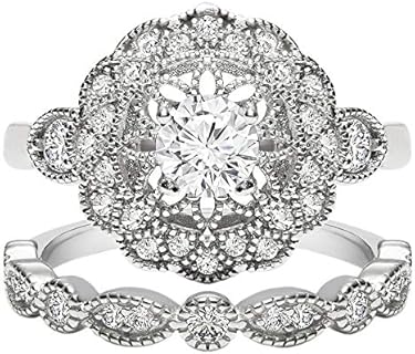 TwoBirch 18k White Gold Microplated Art Deco Floral Design Duo Bridal Ring Set Engagement Ring and Wedding Band with Cubic Zirconia (925 Silver, Sizes 7, 8, 9)