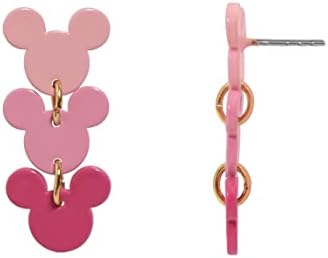 Disney Mickey Mouse Linear Drop Earrings for Women, Girls, One Pair in Authentic Jewelry Gift Box with 3 Hanging Pink Acrylic Character Charms, Post Closure