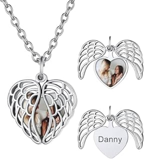 U7 Personalized Heart Locket Angel Wings Picture Necklace for Women, Platinum/18K Gold Plated Custom Photo Necklace Memorial Necklace Jewelry for Mom Girls Family