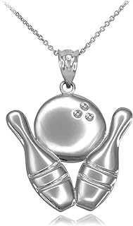 Spring Ring Clasp 14k White Gold Bowling Pins and Ball Pendant Necklace with Rolo Chain for Sport Enthusiasts