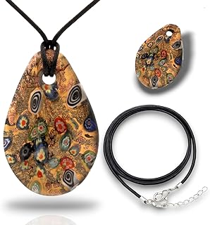 Murano Inspired Oval Murrina Millefiori Glass Pendant Necklace Handcrafted Blown Lampwork Hypoallergenic Italian Style Jewelry