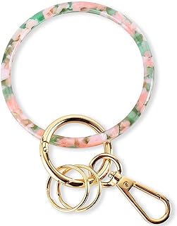 Silver and Metal Wristlet Keychain Bracelet with Acetate Bangle and Clip for Women - Round Design