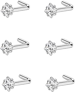 FANSING Women's Stainless Steel L Shaped Square Nose Rings Studs with Clear Cubic Zirconia - Pack of 6