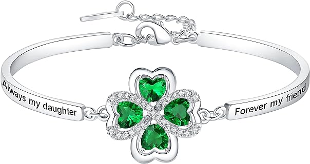 Valentines Gift, Engraved ‘Always My Mother/Daughter/Sister Forever My Friend’ 4 Leaf Clover Bangle Bracelet, Women Girl Jewelry Birthday Anniversary Xmas Present from Brother Son Dad Mom