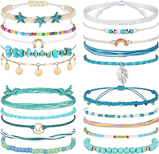 20 Pcs Beach Ankle Bracelets for Women Boho Layered Turquoise Anklets Adjustable Wave Rope Ankle Bracelet Beaded Charm Beach Jewelry Multilayer Foot Chain for Women Girls, Assorted Styles