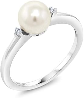Gem Stone King 10K White Gold 7MM Cultured Freshwater Pearl and White Diamond Engagement Ring | Gold Ring For Women | Available In Size 5, 6, 7, 8, 9