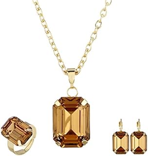 HSQYJ Fashion Color Crystal Jewelry Set Geometry Rectangle Pendant Rhinestone Necklace Rings and Drop Earrings for Women Ladies Gifts Gold Plated