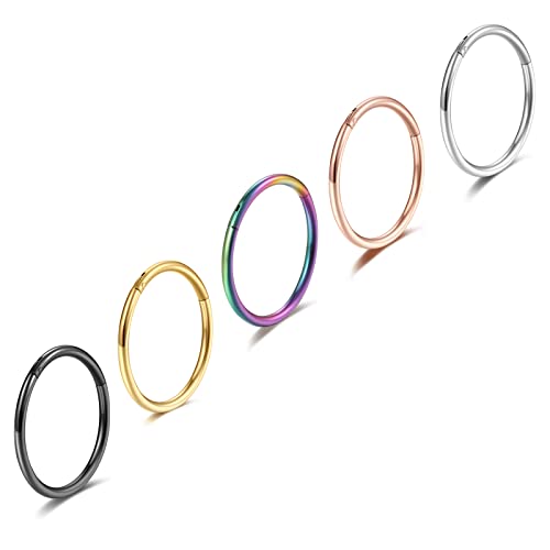 5Pcs Grade 23 Titanium 16g 18g 20g Nose Ring Hoop Set Hinge Clicker Septum Rings Tragus Piercing Cartilage Hoop Earrings for Women Men 6-12mm