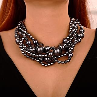 Large Chunky Statement Black Pearl Choker Necklace with Lobster Clasp and Cable Chain for Stylish Ladies, Faux Pearl-Metal Alloy Set