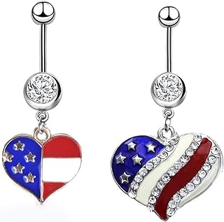 NAT MEYA 2 Pcs Patriotic Heart Shaped Titanium Belly Button Rings with 14G Piercing, Suitable for Men and Women - No Gemstone, Ideal for Independence Day Celebrations and Daily Wear