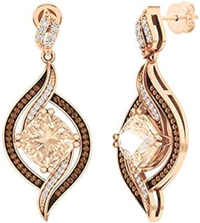 Dazzlingrock Collection 18K Gold 8 MM Each Cushion Morganite & Round Champagne & White Diamond Drop Earrings