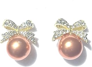 Push-Back Pink Pearl Stud Earrings with Bow Design for Women and Girls by GAhrïelle Studio – Sterling Silver, Rhinestone Embellished Pearl