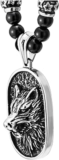 Men's Norse Viking Embossed Wolf Head Pendant Necklace with Lobster Claw Clasp and Black Onyx Bead Chain - Stainless Steel Blackened Dog Tag Design