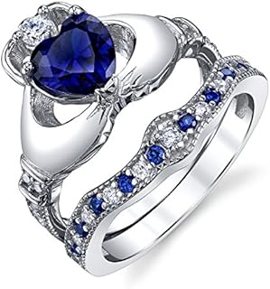 Sterling Silver 925 Irish Claddagh Friendship & Love Engagement Wedding Ring Sets Simulated Sapphire Blue Heart CZ Cubic Zirconia