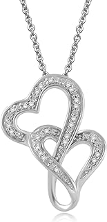 Jewelili Double Heart Necklace Pendant with Natural White Round Diamonds in Sterling Silver 18 inch Rolo Chain