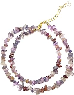 Raw Amethyst Phantom Choker Necklace Red Rutilated Choker Chip Necklace for Women and Girls Crystal Beaded Necklace Natural Gemstome 15in with Extension Chain