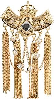 Alloy-Made Pin Clasp Knighthood Brooch with Crowned Stone, Hanging Chains & Pearl Chain Accent for Sophisticated Style - Crown/Suit Stud Design