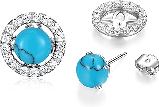 TRUEARTH 3.0 - 4.0 Ct (7mm) Genuien Gemstone Stud Earrings and Earring Jacket Set, 925 Sterling Silver Turquoise, Rose Quartz or Green Jade Earrings with D Color VVS Clarity Cubic Zirconia, Good Fortune Protection Healing Earrings for Women Men