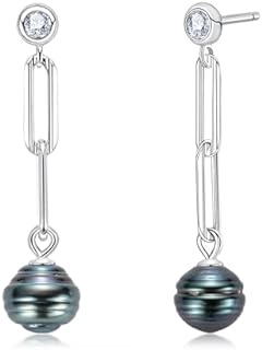 Exquisite 18K Gold Plated Sterling Silver Earrings with 9-10MM Black Tahitian Baroque Pearls and D-Color Moissanite for Women, Push-back Dangle Design