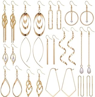 Aganippe 12/13/14 Pairs Gold Dangle Earrings for Women- Simple Drop Earrings Multipack-Curved Threader Dangle Earrings Set-Upside Down Hoop Earrings- Leaf Earrings