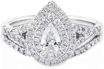 Platinum Plated 1 Carat Moissanite Bridal Set Engagement Rings for Women, Elegant Pear-Shaped Design