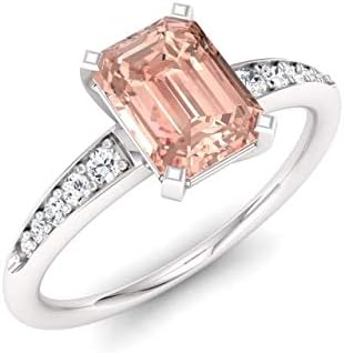 Emerald Cut Morganite & White Sapphire Sterling Silver Engagement Ring for Women, Size 7- Diamondere Natural and Certified - Perfect for Weddings/Engagements/Anniversaries