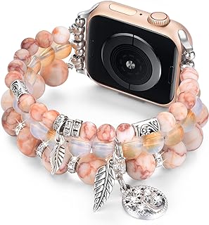 Tang Buckle Beaded Bracelet Watch Band with Natural Crystal Stone for Women - Compatible with Apple Watch Series 1-9, 38-45mm - Handmade, Elastic and Stretchable Design
