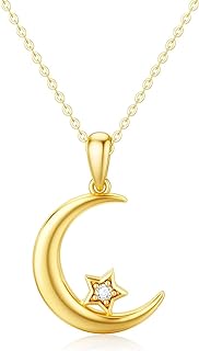 14K Solid Gold Natural Diamond Moon Star Necklace, Real Yellow Gold Crescent Moon Star Pendant Anniversary Birthday Jewelry Gifts for Women, Wife, Mom 16-18 Inch