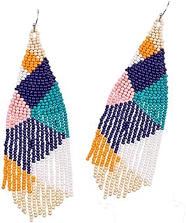 Long Beaded Tassel Earrings – Classic Plaid Fringe Drop Earrings, Seed Bead Tribal Dangle Earrings, Pendientes De Borla, Idea for Women, Girls, Sister, Lover, Party, Daily Wear