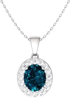 London Blue Topaz Oval Diamond Pendant Necklace with Spring Ring Clasp and Cable Chain in White Gold for Her: Elegant Petite Design