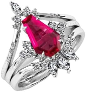 Vintage Coffin Shaped Ruby Engagement Ring Set 4 CT Art Deco 14k Gold Ruby Wedding Ring Set Antique Ruby Bridal Promise Rings Set For Her