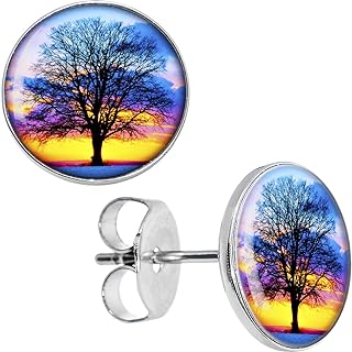 14g Body Candy Stainless Steel Sunset Tree Stud Earrings with Push Back for Men and Women