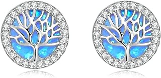 18K White Gold-Plated Opal Stud Earrings with Push Back for Women - Radiant Tree of Life/Flower/Leaf/Moon Star Universe Design